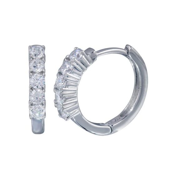 Silver 925 Rhodium Plated CZ Huggie Hoop Earrings
